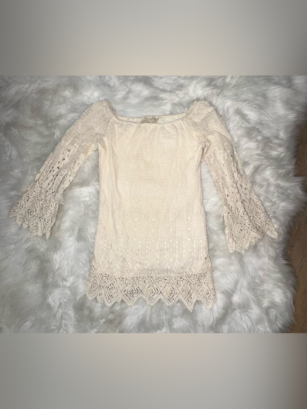 Jen's Pirate Booty Ethereal French Bardot Crochet Lace Mini Dress Tunic - Cream